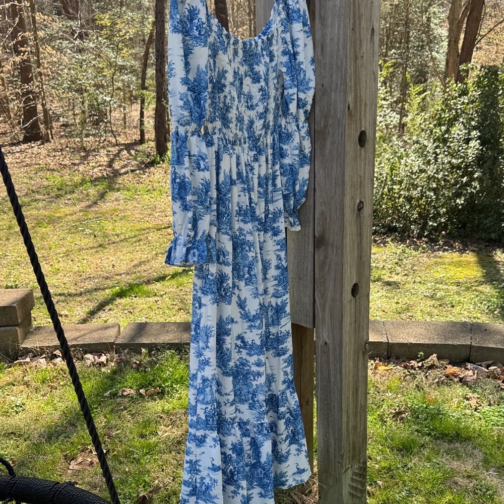 Blue and White Floral Toile Maxi Dress - Picture 4 of 9